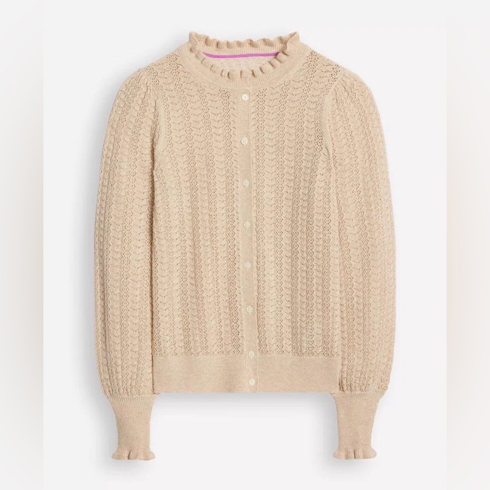 Boden Cream Ruffle-Neck Knit Cardigan